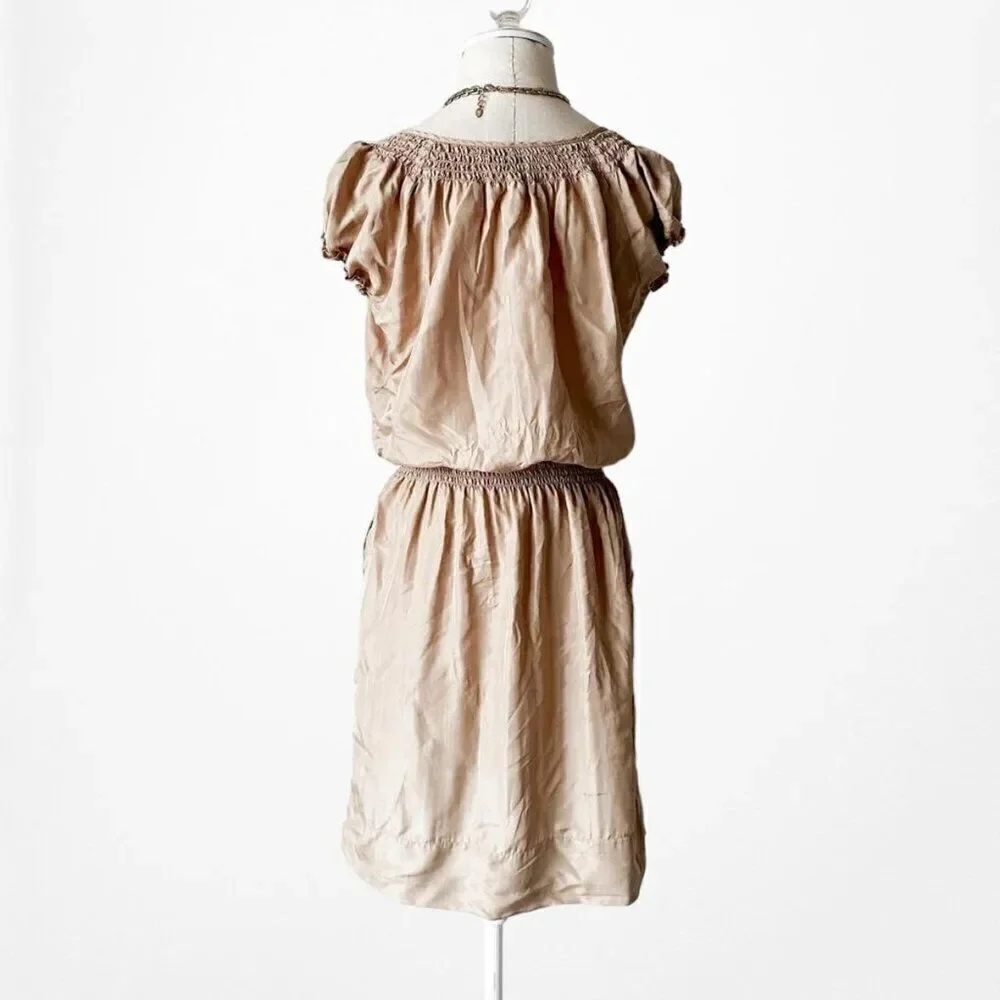 Vintage Y2K 90s Silk Beige Brown Puffy Sleeve Knee Length Boho Dress Size S/M/L